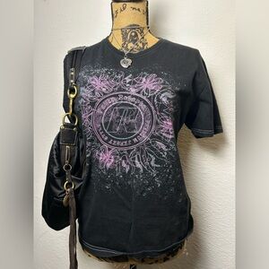 vintage y2k gothic punk rocker women’s pink and black floral t-shirt top